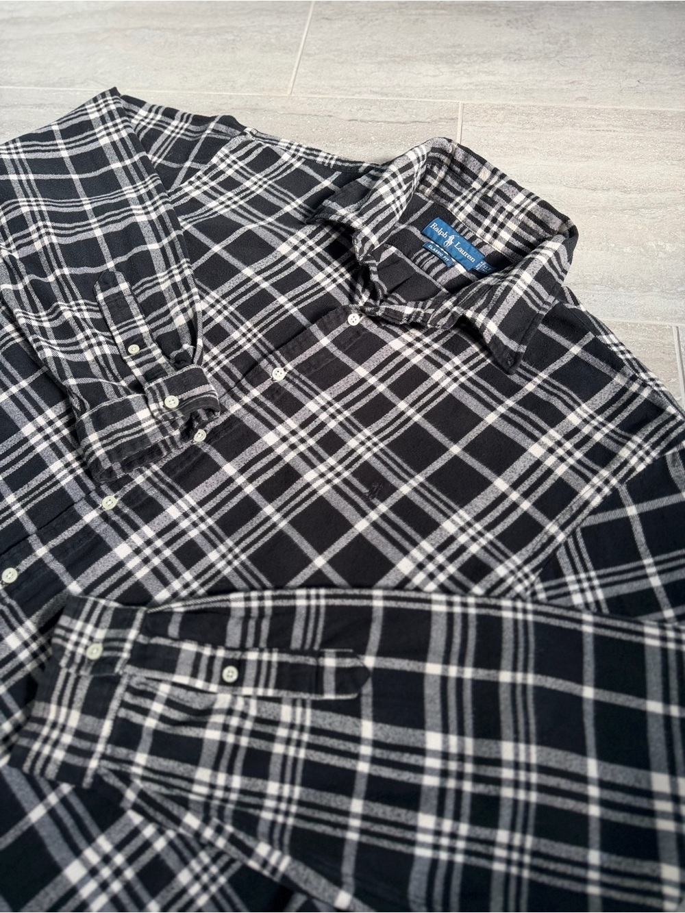 Ralph Lauren Mens 2XLT Flannel Shirt Black White Plaid Classic Fit Big Tall
